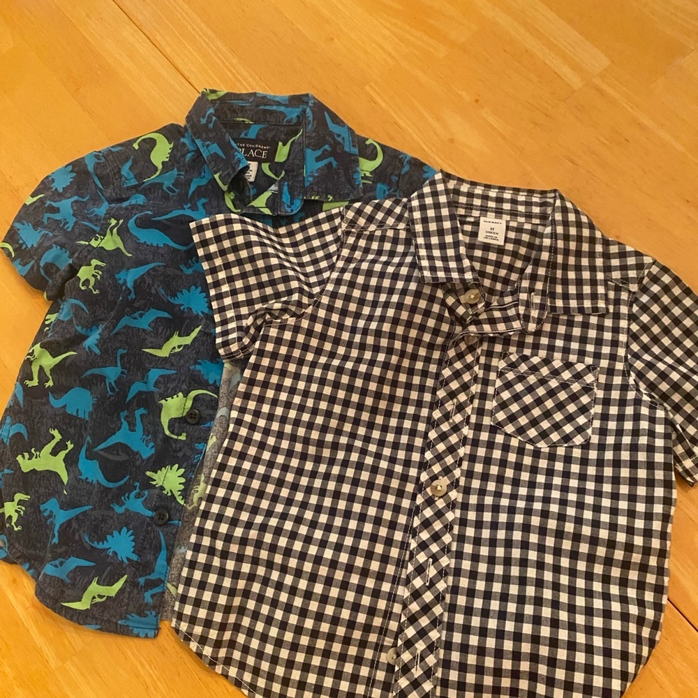 The Children’s Place Blue Dinosaur/Black Checkered Kids Shirts | 2-Piece Set 3T